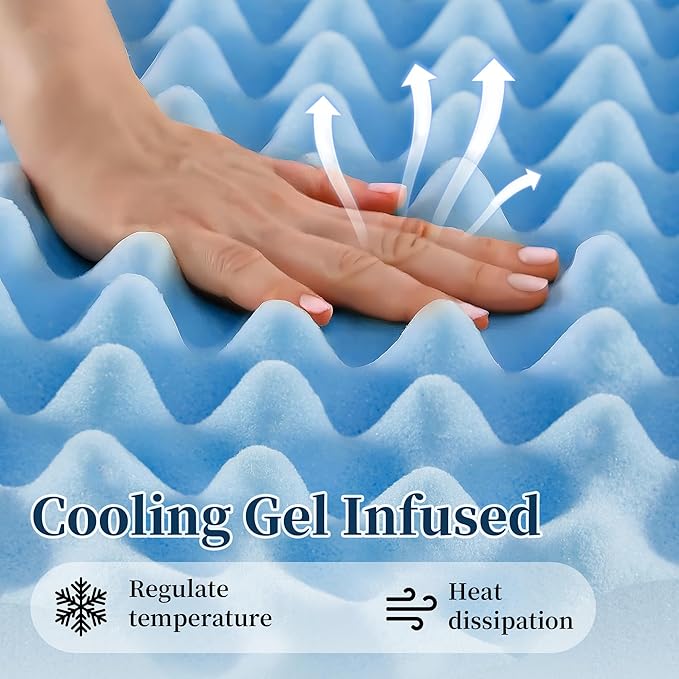 2 Inch Twin Mattress Topper Memory Foam Mattress Topper Twin Size Egg Crate Foam with Cooling Gel, Plush Feel Breathable Pressure Relief Matress Pad for Bedroom, College, RV, Cooling Blue