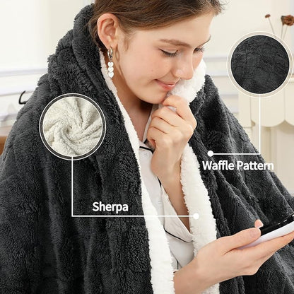 Heated Throw Blanket Electric,Electric Blanket Checkered Weave & Wool Blend Heated Blanket,Rapid Heating 6 Temperature Settings 4-Hour Auto Shut-Off ETL Certified,Machine Washable,50" x 60",Dark Gray