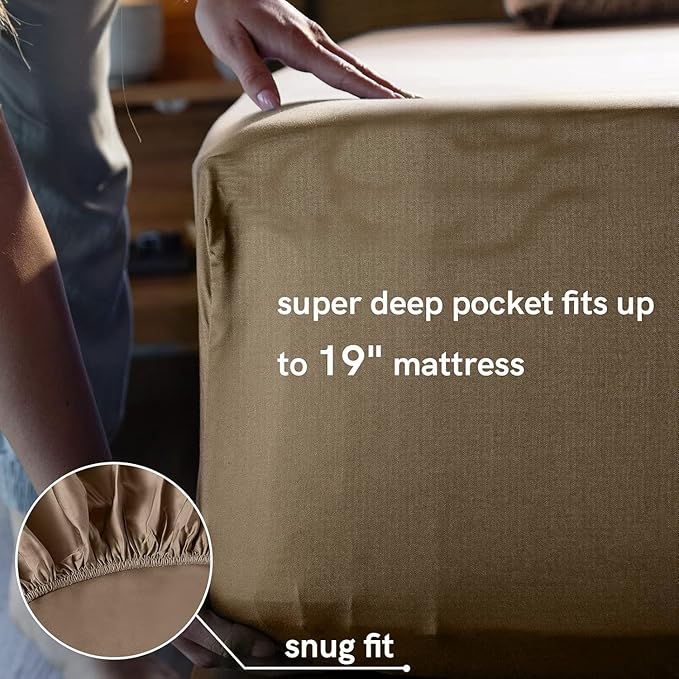 YnM Cooling Bed Sheet Set with 100 Percent Rayon Derived from Bamboo, 400TC Fabric with 1 Pillowcase and Flat Sheet, Deep Pocket Fit 19'', Silky-Soft & Sweat Wicking, 3 Piece (Twin XL,Brown)
