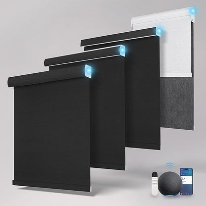 BERISSA Motorized Blinds with Remote,Blackout Smart Roller Shades with App,Voice Control,Linen Fabric,Thermal Insulated Automatic Blinds,Electric Shades with USB/Solar Pannel.Linen Black