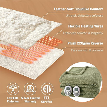 Serta Heated Blanket, Electric King Size Blanket, Soft, Warm, Fuzzy Heating Blanket King for Office, Couch, 1-12 hr Auto Shut Off Timer, 10 Lv Heat Setting, ETL Certified, King 100" x 90" Sage