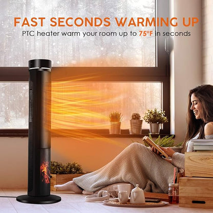 Electric Space Heater for Large Room - 36" Ceramic Tower Space Heater for Room Heating w/Thermostat, Fast Heating, 3D Realistic Flame, Oscillating, Remote Control, Ideal for Home/Livingroom