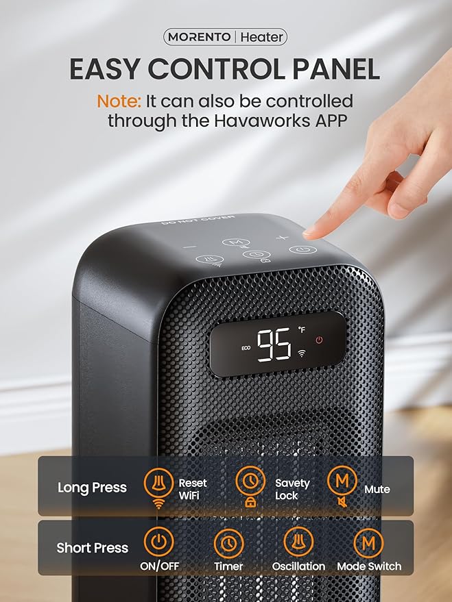 MORENTO Space Heaters for Indoor Use, Electric Portable Heater for Bedroom with Thermostat, WiFi Voice Control, 36dB Quiet 4 Modes 12H Timer, 1500W PTC Ceramic Heater for Office Home 1Pack Black