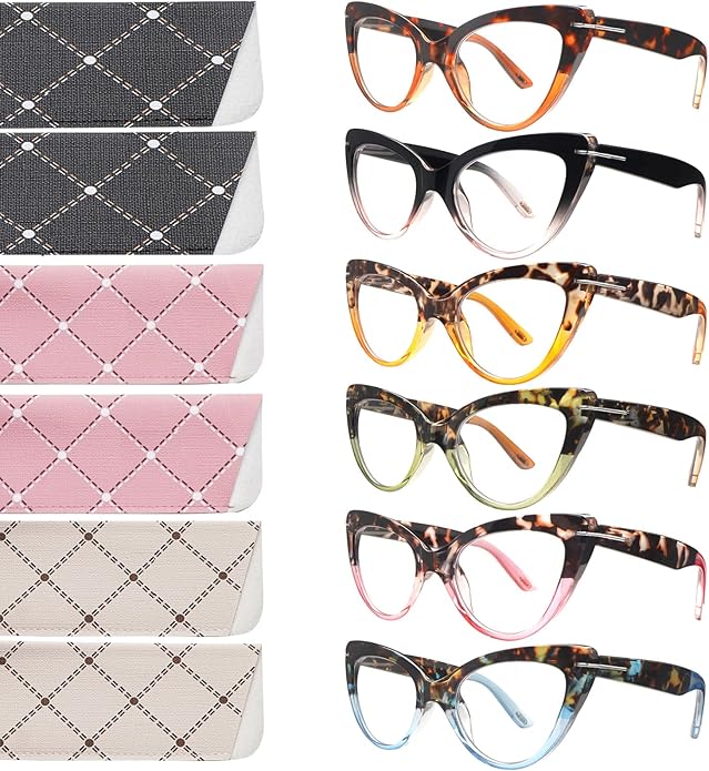 6 Pack Fashion Cat Eye Reading Glasses for Women Blue Light Blocking Oversized Spring Hinges Computer Readers