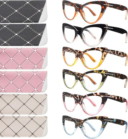 6 Pack Fashion Cat Eye Reading Glasses for Women Blue Light Blocking Oversized Spring Hinges Computer Readers