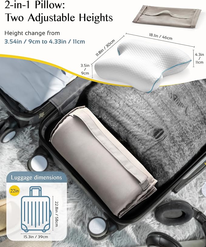Travel Memory Foam CPAP Bed Pillow for Side & Back Sleepers, Portable Sleep Apnea Pillow with Storage Bag for All CPAP Masks Users, Washable Neck Support Pillow for Hotels Camping