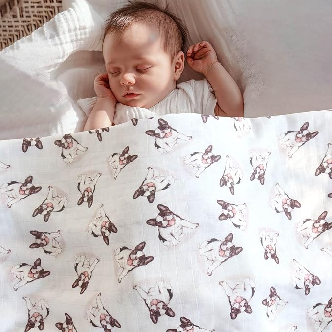 LifeTree Baby Swaddle Blankets Dog, Muslin Swaddle Blankets Boys Girls Swaddling Wrap Receiving Blanket for Newborn, 70% Viscose from Bamboo and 30% Cotton, Large 47" x 47", French Bulldog