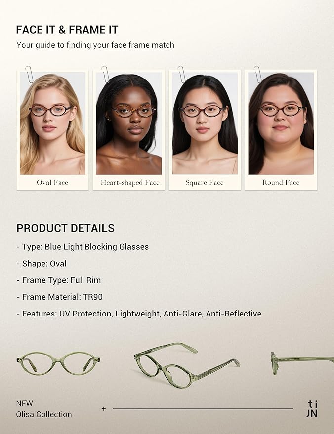 TIJN Olisa Blue Light Blocking Glasses for Women Men,Oval Glasses Frame Bluelight Glasses for Gaming/Computer/Screen