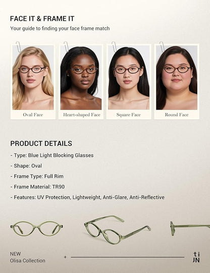 TIJN Olisa Blue Light Blocking Glasses for Women Men,Oval Glasses Frame Bluelight Glasses for Gaming/Computer/Screen