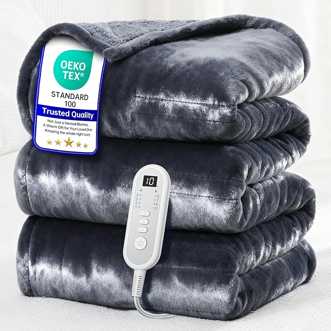 Electric Heated Throw Blanket 50x60in, 2026 Upgraded Dual-Spiral, 10 Hours Auto-Off, 8 Heat Levels, Over-Heat Protection, Machine Washable Soft Flannel for Gift