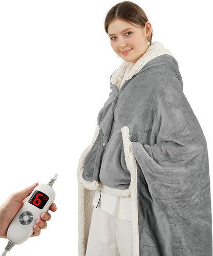 Heated Blanket Wearable Shaw - Electric Wrap Poncho Heated Throw Blanket with Hand Pockets, 50 * 64", 6 Heating Levels & 1-4H Timer, Ideal for Family, Light Grey