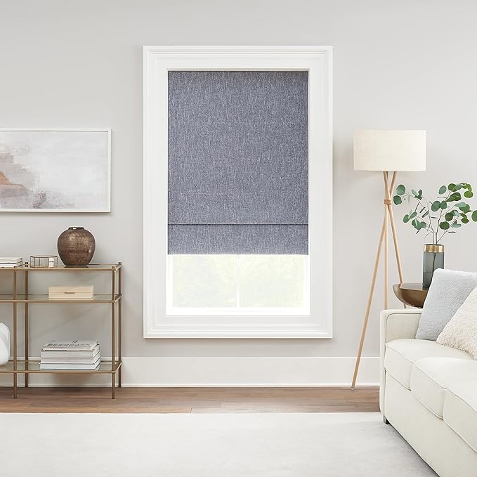 Eclipse Drew Noise Reducing Blackout Cordless Lined Window Roman Shade for Living Room, 36 in x 64 in, Blue