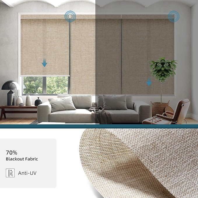 Motorized Light Filtering Shades Work with Homekit Thread-Enabled, 70% Blackout Smart Blinds for Windows, Electric Blinds with Remote, APP/Voice Control, Linen Caramel