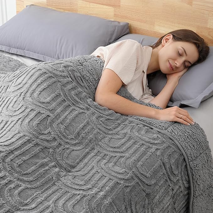 Sherpa Fleece Adult Weighted Blanket Great for Sleep, 15 lbs Dual Sided Soft Fuzzy Heavy Blankets for Couch Bed Sofa, Cozy Warm Fluffy Arched Jacquard Throw for Winter (Grey, 48" x 72", 15 Pounds)