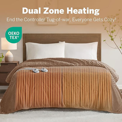 Serta Electric Blanket, Soft, Ribbed, Plush Heating Blanket King for Office, Couch, 1-12 hr Auto Shut Off Timer, 10 Lv Heating, ETL Certified, King 100"x90" Chestnut Brown