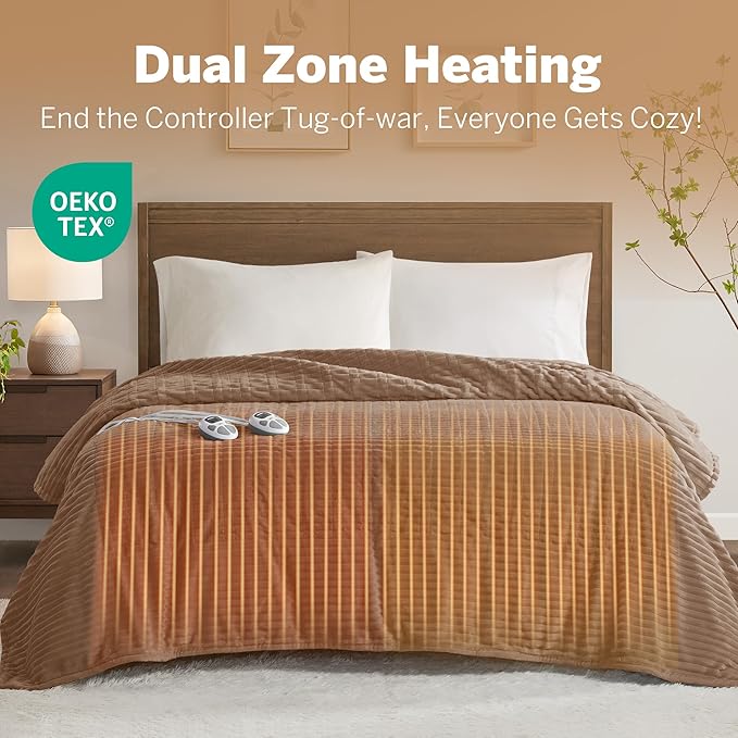Serta Electric Blanket, Soft, Ribbed, Plush Heating Blanket Queen for Office, Couch, 1-12 hr Auto Shut Off Timer, 10 Lv Heating, ETL Certified, Queen 84"x90" Chestnut Brown