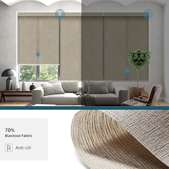 Motorized Light Filtering Roll Shades Work with HomeKit, 70% Blackout Smart Blinds for Windows, Electric Blinds with Remote, APP/Voice Control, Automatic Solar Shades, Texture Biscuit