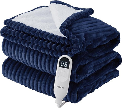 Bedsure GentleSoft Electric Blanket Twin - Soft Ribbed Flannel Heated Blanket, Heating with 10 Time Settings, 6 Heat Settings, and 8 hrs Timer Auto Shut Off, Gifts for Grandma (62x84 inches, Navy)