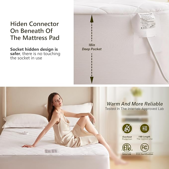 Heated Diamond Quilted Mattress Pad,Queen Size Dual Control,Soft Bed Warmer,10 Heat Settings,1-12 Hours Auto-Off,Fast Heating,ETL Certified,Machine Washable,Fit Up to 18" Deep Pocket,60"x80"