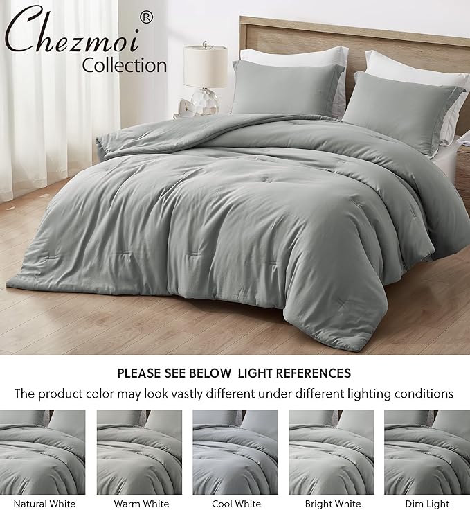 Chezmoi Collection Cliff 3-Piece Lightweight Cooling Comforter Set, Queen- Rayon Derived from Bamboo & Polyester Blended, Soft Breathable Bedding for Hot Sleepers, Light Gray