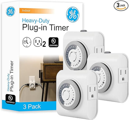 GE Mechanical Grounded Outlet Timer, Dual Plugs with 3 Prongs, 24 Hour Cycle, Indoor Use for Lights, Lamps, Fans, Appliances, Christmas, Tree, 3 Pack, 66404