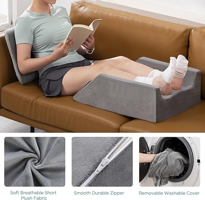 UBBCARE Leg Elevation Pillow for Leg/Knee Surgery Recovery, Memory Foam Double Leg Pillow with Velvet Washable Cover, Grey