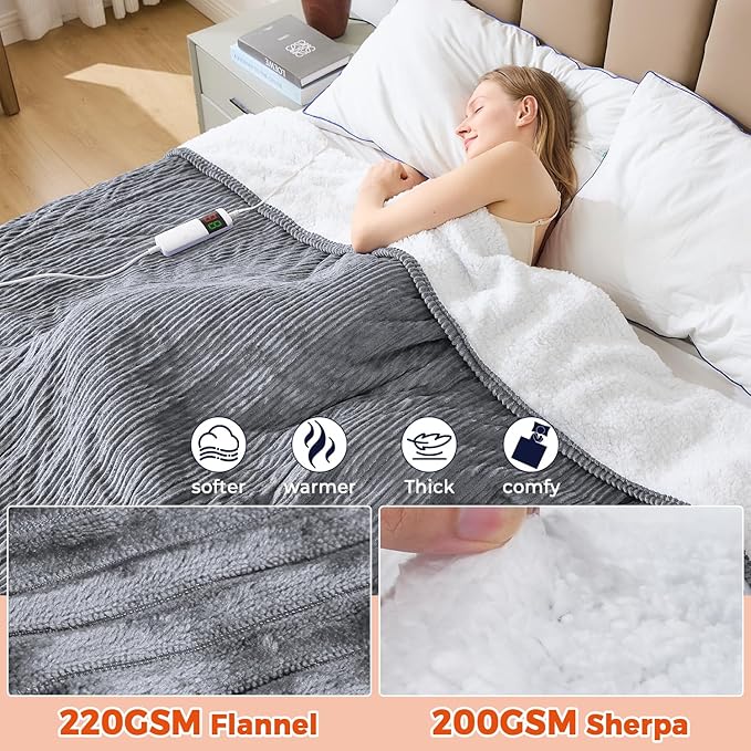 Electric Blanket Queen Size, 84"x90" Heated Blanket with Dual Control, Over-Heat Protection, 10 Heating Levels &1-8 Time Settings Auto-Off, Flannel & Sherpa Blanket Fast Heating, ETL Certification