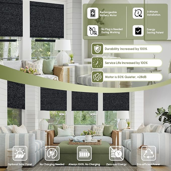 FineTell Motorized Blinds with Remote, 100% Blackout Roller Shades Compatible with Alexa,Apple Homekit,Google Home APP and Voice Control, Customized Electric Blinds (100% Blackout Eclipse Onyx Black)