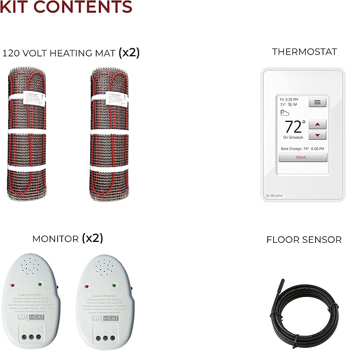 LuxHeat 140sqft Floor Heating Mat Kit - 120v Underfloor Electric Heating System - Radiant Heated Flooring System for Tile & Laminate - Includes UWG4 WiFi Programmable Thermostat w/GFCI, Alarm & Sensor