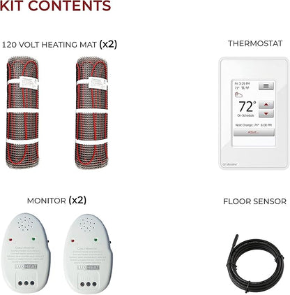 LuxHeat 110sqft Floor Heating Mat Kit - 120v Heated Floor System - Electric Radiant Heated Flooring System for Tile & Laminate - Includes UWG4 WiFi Programmable Thermostat w/GFCI, Alarm & Sensor