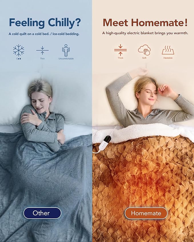 Homemate Electric Heated Throw Blanket - 50"x60" Luxury Faux Fur Heating Bed Blankets with 10 Heating Levels 8 Hours Auto Off Fast Heating Over-Heated Protection Ultra Soft Warm Flannel ETL Certified
