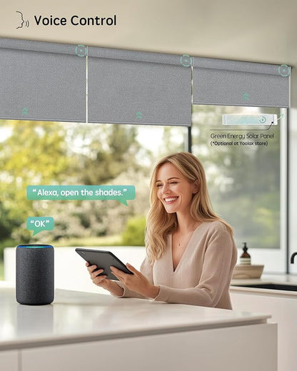 Yoolax Motorized Blinds with Remote, Smart Blinds for Windows Blackout Automatic Shades Compatible with Alexa Remote Control Roller Window Shades with Valance, Custom Size (V-Jungle Grid Light Gray)