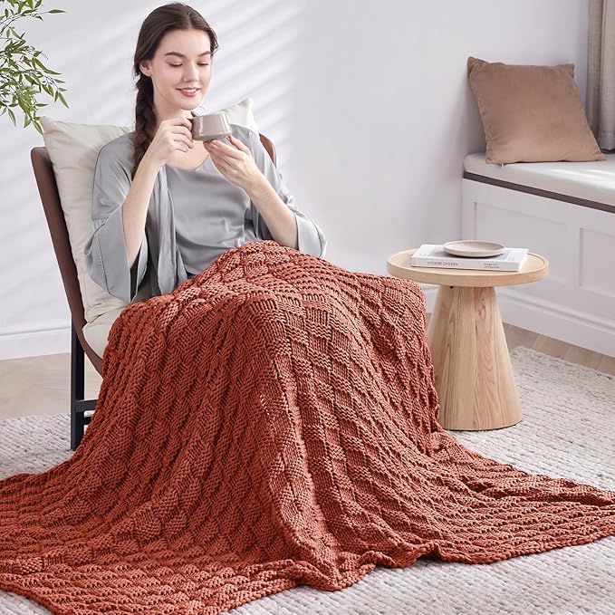 Knitted Weighted Blanket for Adult, No Beads Heavy Blanket 50” x 60'' 10lbs, Breathable Chunky Knit Blanket, Cooling Weighted Blanket for Hot Sleepers, Christmas Home Decor (Orange)
