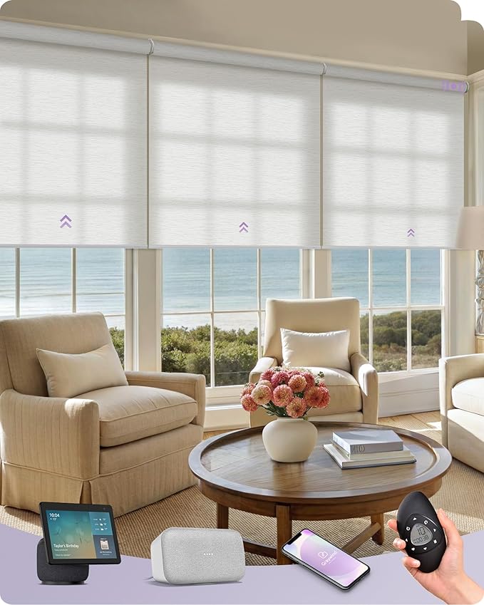 Graywind Smart Coupled Roller Shades Compatible with Alexa Google Custom Size Extra Large Motorized Blinds for Windows(Jacquard White)