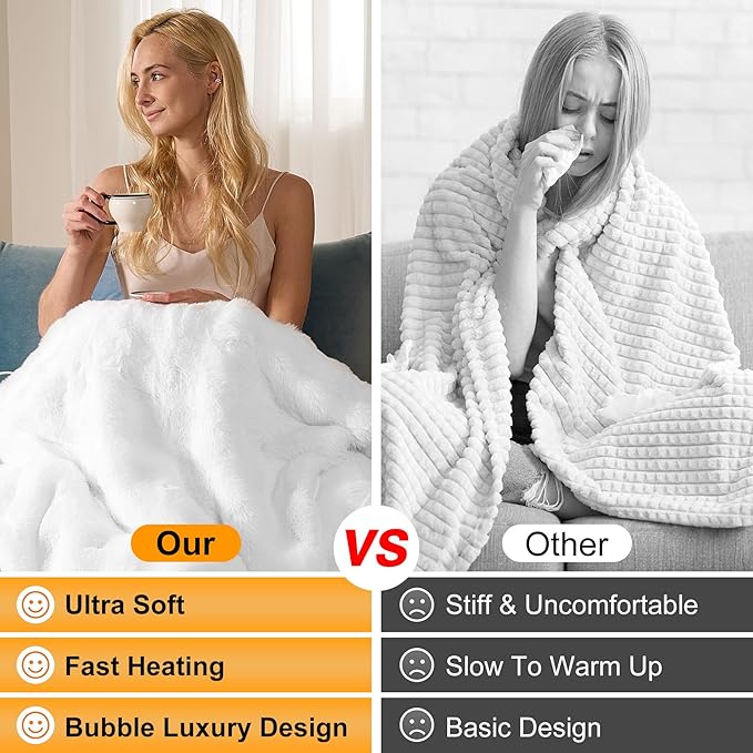 IUUI Electric Heated Blanket King 90''x100'',Luxury Faux Rabbit Fur Heating Throw Blankets,Fast Heating with 1/2/4/6/8/10 Hours,Overheat Protection, Quick Heating, Memory Function, Gift-Ready Design