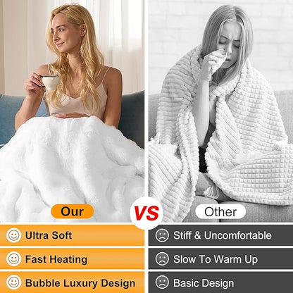 IUUI Electric Heated Blanket King 90''x100'',Luxury Faux Rabbit Fur Heating Throw Blankets,Fast Heating with 1/2/4/6/8/10 Hours,Overheat Protection, Quick Heating, Memory Function, Gift-Ready Design