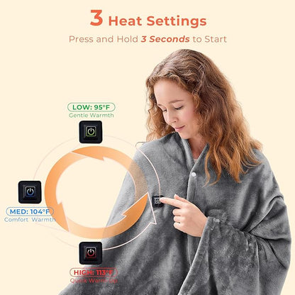 JOLLYVOGUE USB Heated Blanket Throw, Wearable & Portable Heating Electric Blanket for Adults, 3 Levels & 8 Heating Zone Shawl for Indoor & Outdoor, Light Grey (Battery Not Included)