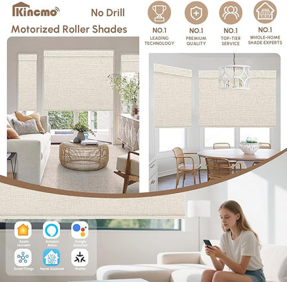 Kincmo No Drill Motorized Blinds with Remote, 100% Blackout Roller Shades for Windows, Custom Electric Blinds Compatible with Alexa, Apple Homekit, Google Home (100% Blackout Classic Warm)