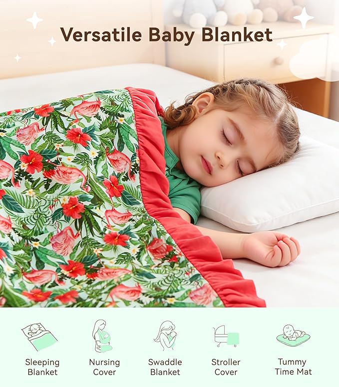 Premium Baby Blankets, Soft Viscose from Bamboo Blanket for Girls, Nursery Crib Bedding Quilt for Newborn and Toddler, Ruffle Blanket Cooling for Hot Sleepers, 50''x50'' Flamingo