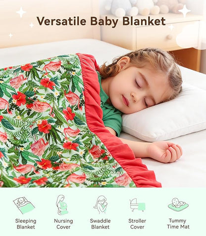 Premium Baby Blankets, Soft Viscose from Bamboo Blanket for Girls, Nursery Crib Bedding Quilt for Newborn and Toddler, Ruffle Blanket Cooling for Hot Sleepers, 50''x50'' Flamingo