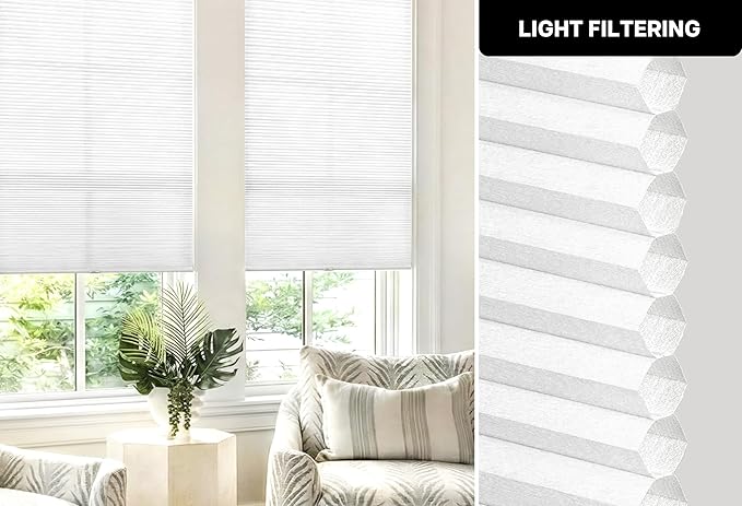 LazBlinds Cordless Cellular Shades, No Tools No Drill Light Filtering Honeycomb Shades Pleated Blinds for Windows, 28.5'' W x 48'' H, White