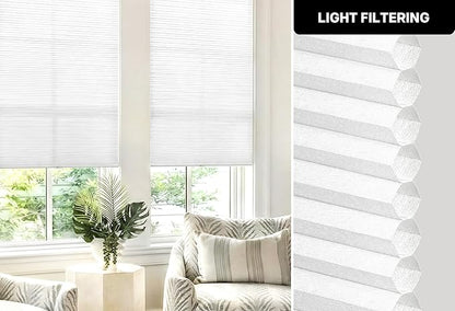 LazBlinds Cordless Cellular Shades, No Tools No Drill Light Filtering Honeycomb Shades Pleated Blinds for Windows, 43'' W x 64'' H, White