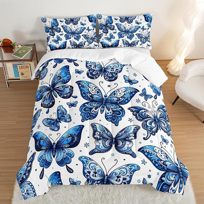 Blue Butterfly Comforter Bedding Set King Size,Bohemian Style Blue Series Bedding for Kids Girls Boys,Insect Themed Children's Bedding Soft Fluffy Comforter Sets with 2 Pillowcases.