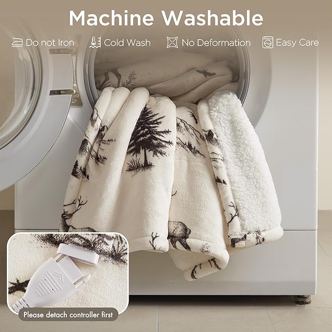 Woolrich Heated Throw Blanket with Ultra Soft Plush and Sherpa Reverse, 12 Heat Settings, Auto Shut-Off, Farmhouse & English Country Gift Throw – Deer Toile Pattern, 50"x60"