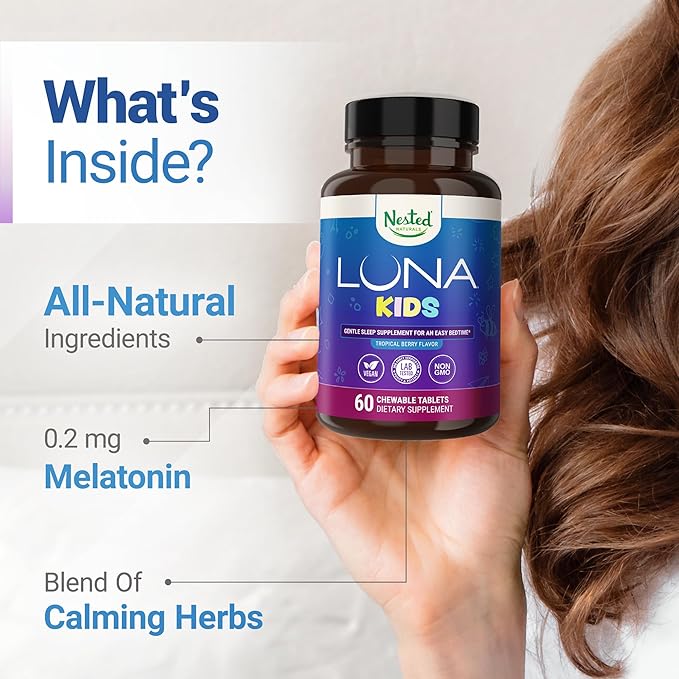 Nested Naturals Luna Kids Sleep Aid Tablets for Children 4+ - Naturally Sourced Ingredients - Gentle, Herbal Sleep Supplement with Chamomile, Melatonin, Valerian & Lemon Balm - 60 Chewable Tablets