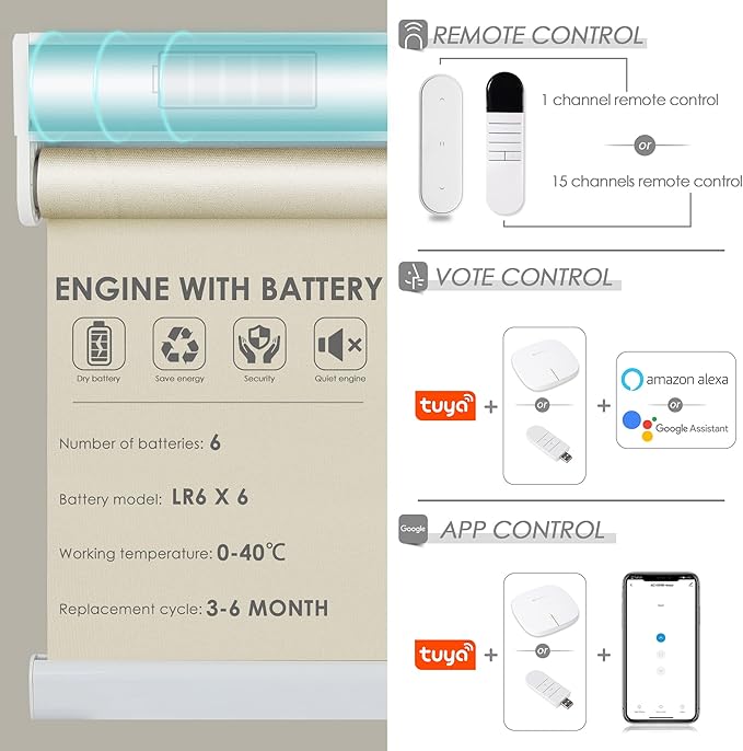 Allesin Motorized Roller Shade Blinds Work with Alexa for Window, 100% Blackout Smart Shades Cordless with Remote Control, Electric Automated Blinds for Window, Customized Size for Smart Home (Khaki)
