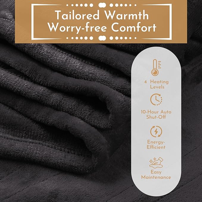 Electric Heated Blanket 72"x84" Full Size Flannel Heated Blanket, Cozy & Warm for All Night, 4 Heat Settings & 10 Hours Auto Off, Machine Washable, Iron Grey