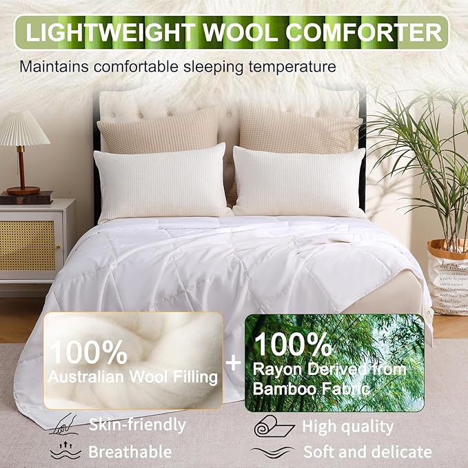 YOUR MOON 100% Australian Wool Lightweight Comforter King Size - Breathable Summer Duvet Insert for Hot Sleepers, 100gsm Thin Cooling Comforter with Bamboo-Derived Jacquard Rayon Shell (White)