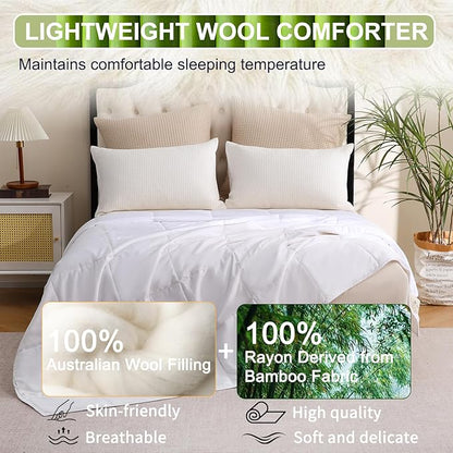 YOUR MOON 100% Australian Wool Lightweight Comforter King Size - Breathable Summer Duvet Insert for Hot Sleepers, 100gsm Thin Cooling Comforter with Bamboo-Derived Jacquard Rayon Shell (White)