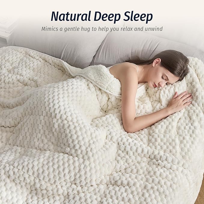 Wemore Fleece Weighted Blanket for Adults (48" x 72" 15lbs, Cream White), Dual Sided Cozy Soft Sherpa Heavy Blanket, 3D Imitation Turtle Shell Warm Jacquard Flannel Weighted Blankets for Couch and Bed